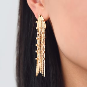 4pcs CZ Pave Chain Tassel Earrings, Long Tassel Stud Earring, Gold Dangling Earrings, Minimalist Earrings (GB-3672)