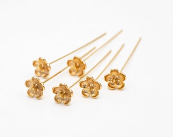 10pcs Gold Flower Head Pins, Gold plated Brass Headpins (GB-3773)