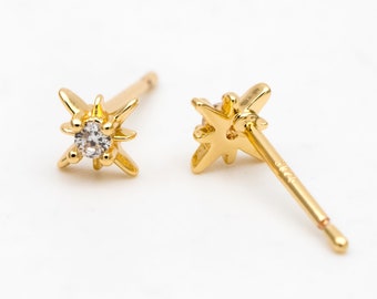 10pcs CZ Pave North Star Ear Posts, 6mm, Real Gold Plated Brass Star Stud Earrings (#GB-3275)