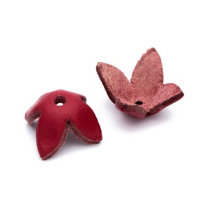 10pcs Genuine Leather Flower Charms 14mm, Floral Bead Tassel Caps, DIY Earring Components, Red (FB-061-4)