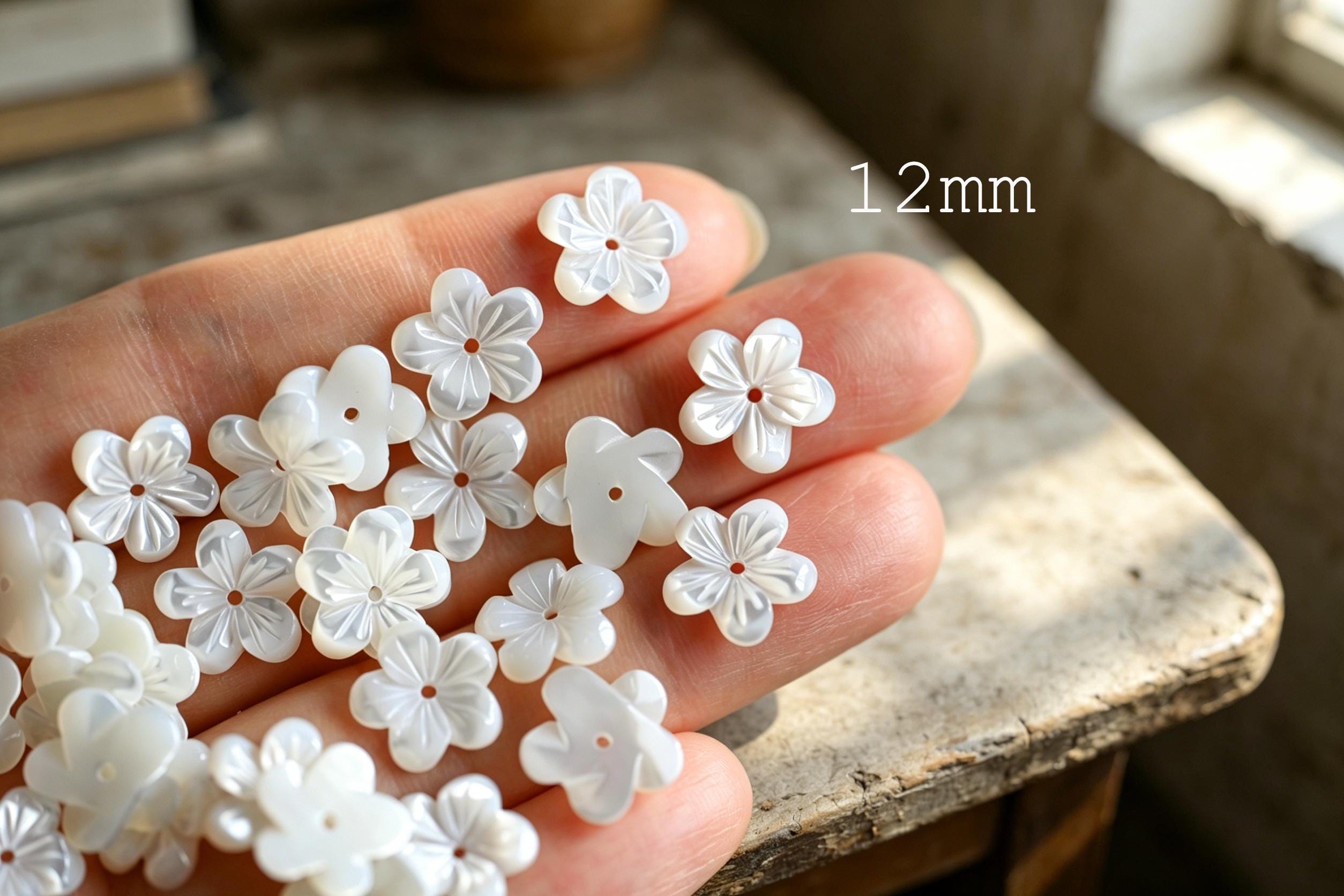 10pcs White Mother of Pearl Flowers, Carved Shell Flower Beads 8