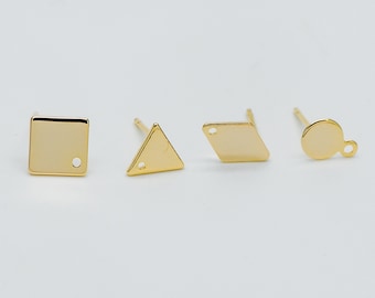 10pcs Gold Ear Posts with Loops, 18K Gold Plated Brass, Square Triangle Rhombus Round, Geometric Stud Earring Components (GB-494)