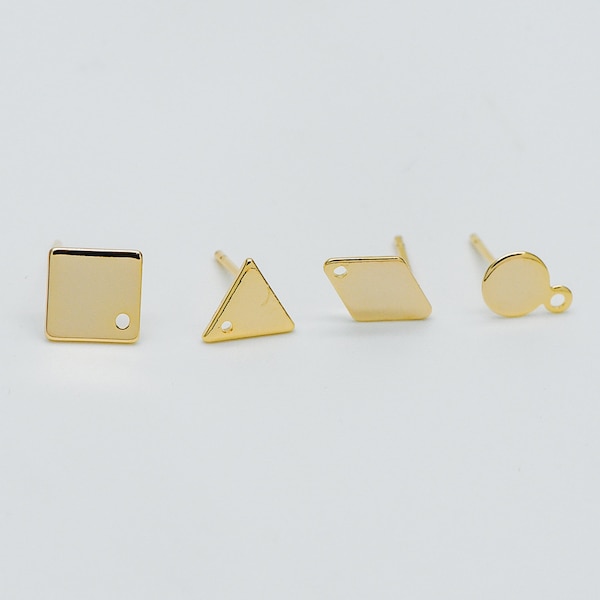 10pcs Gold Ear Posts with Loops, 18K Gold Plated Brass, Square Triangle Rhombus Round, Geometric Stud Earring Components (GB-494)