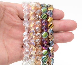 70pcs Faceted Coin Glass Beads, 8mm Round Button Beads (TS-128)