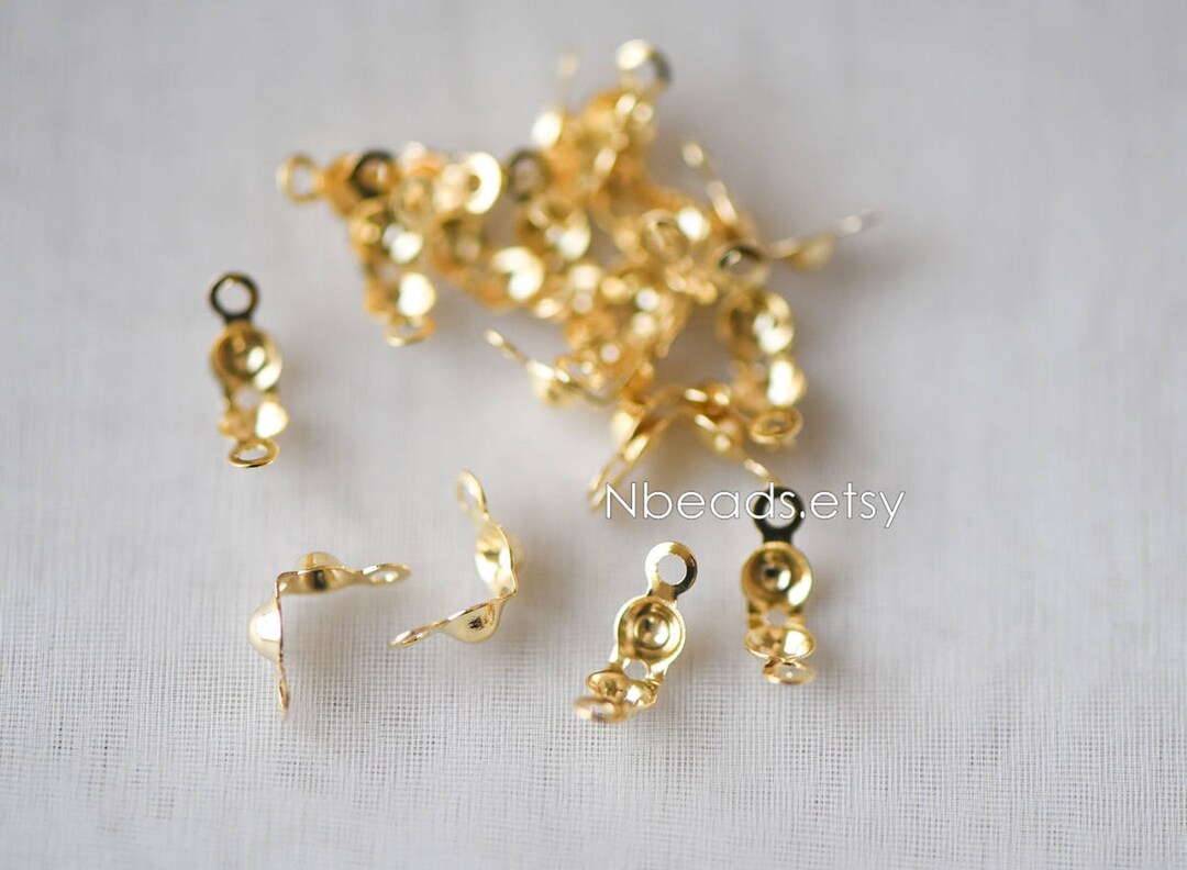 50pcs Clamshell Bead Tips, Gold Plated Brass Cord Ends, Crimp