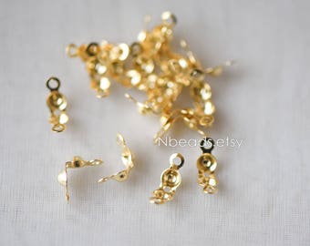 50pcs Clamshell Bead Tips, Gold plated Brass Cord Ends, Crimp Connectors, Fit 2mm Beads (GB-306)