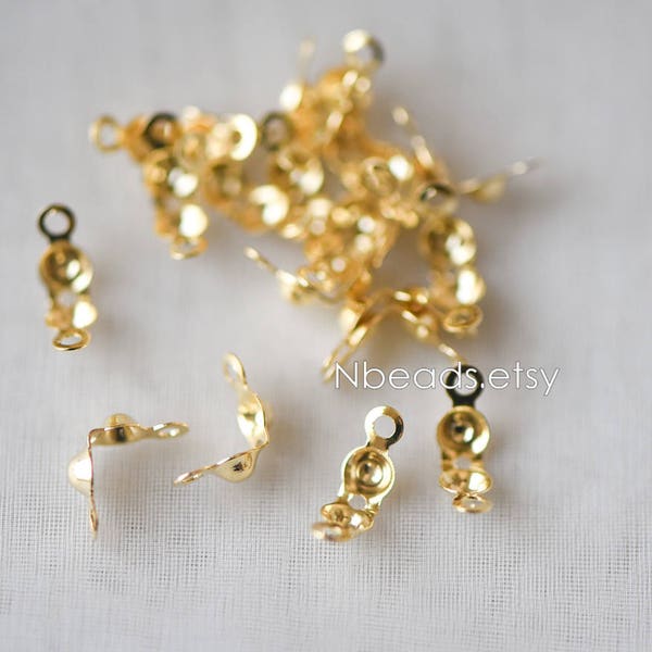 50pcs Clamshell Bead Tips, Gold plated Brass Cord Ends, Crimp Connectors, Fit 2/ 2.5mm Beads (GB-306)