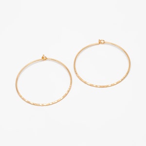 May include: A pair of gold-toned hoop earrings with a hammered texture.