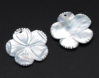 10pcs White Mother of Pearl Flowers 28mm, Carved MOP Shell  Floral Charms, Top Drilled Pendants (V1375)