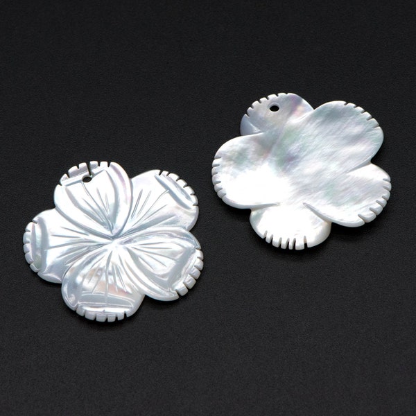 10pcs White Mother of Pearl Flowers 28mm, Carved MOP Shell  Floral Charms, Top Drilled Pendants (V1375)