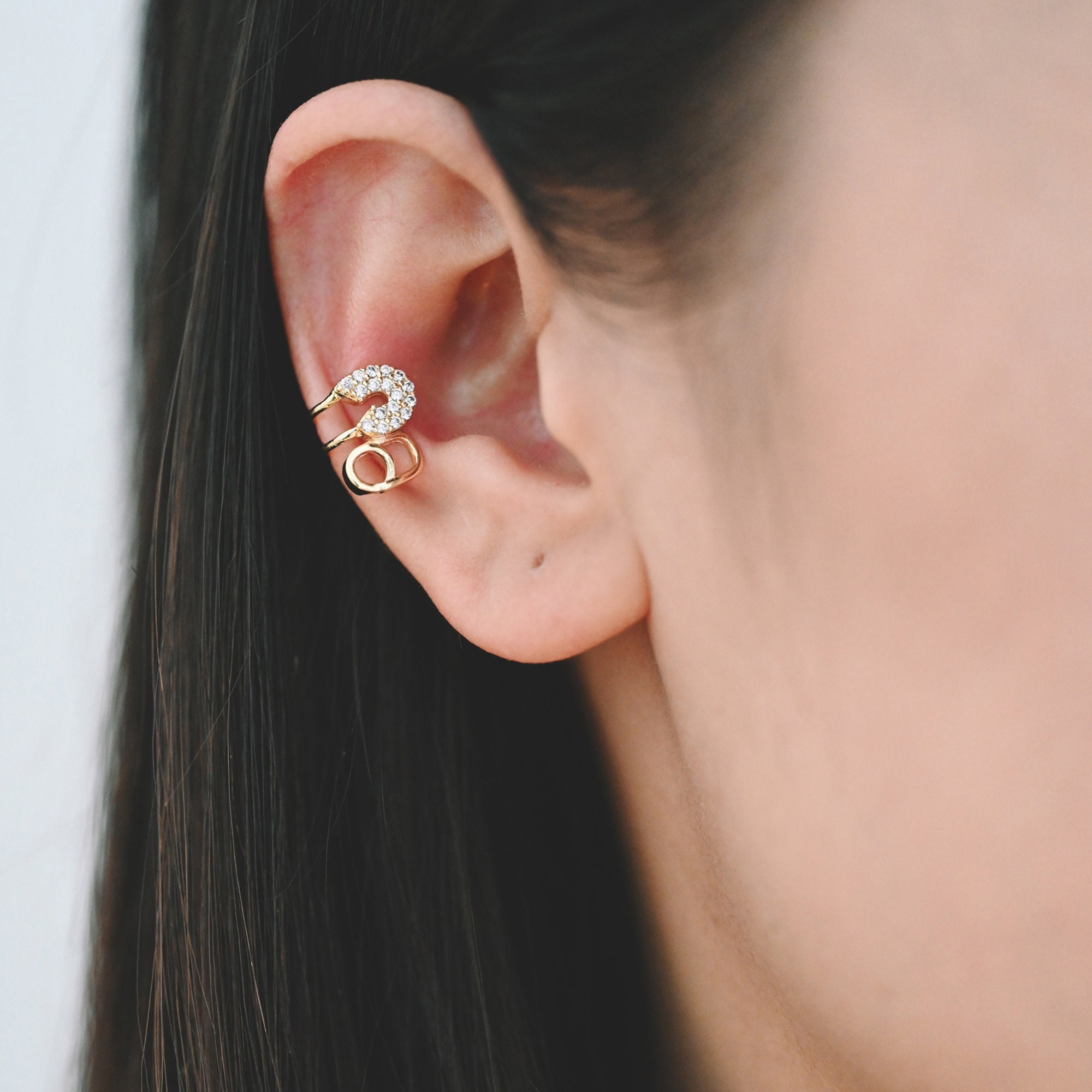 10pcs CZ Pave Safety Pin Ear Cuff, Cartilage, Dainty Earcuff