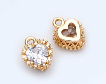4pcs CZ pave Gold Heart Charms 9x7mm, Gold Plated Brass Heart Pendants (GB-2782-E)