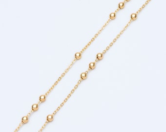 Gold plated Brass Beaded Chains, 1.6mm Chain with 3.5mm Ball Beads, Color Not Easily Tarnish (#LK-188)/ 1 Meter=3.3 ft