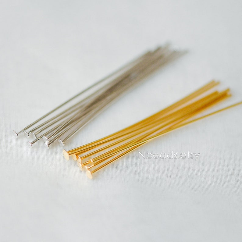 100pcs Gold/ Silver Head Pins 30mm by 0.5mm24 Gauge, Gold/ Rhodium plated Brass Headpins T-Pins GB-259 image 1