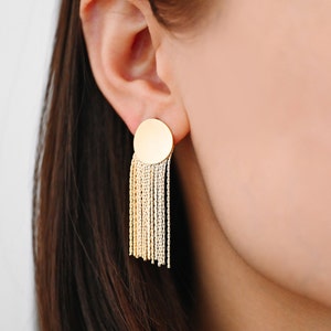 4pcs Gold Round Disc Tassel Ear Posts 48mm, 18K Gold plated Brass Dangling Stud Earring (GB-3356)