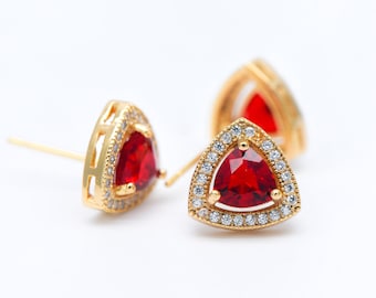 4pcs Red Triangle Stud Earrings, CZ Pave Gold plated Brass Ear Posts 11mm  (#GB-571)