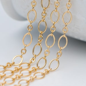May include: Four gold chains with oval links. The chains are layered on top of each other and are hanging down.