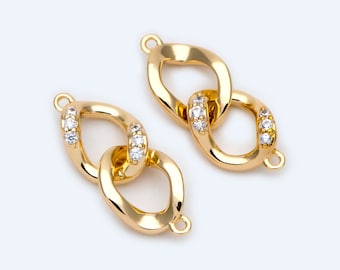 Conector de corrente Micro Pave de 4 peças, elos de latão banhados a ouro com 2 argolas, pingentes com strass CZ (GB-2197-A)