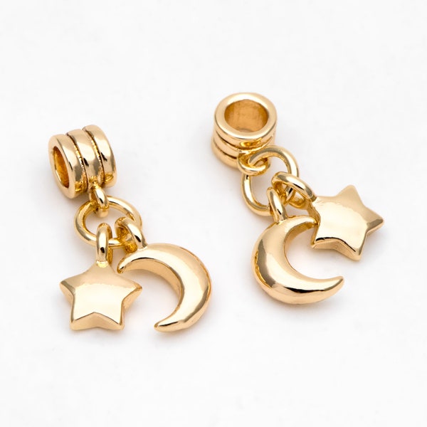 10pcs Moon Star Bracelet Charms, 18K Gold plated Brass, Large Hole Necklace Pendants  (GB-3089)