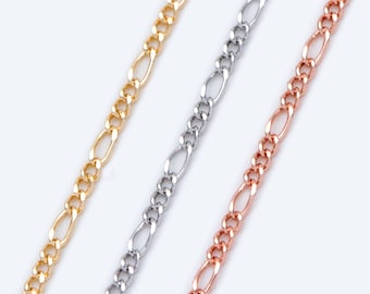 Gold/ Silver/ Rose God Figaro Chains, Real Gold/ Rhodium plated Brass, Color Not Easily Tarnish (#LK-168)/ 1 Meter=3.3 ft