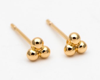 10pcs Extra Tiny Three Ball Stud Earrings, Gold/ Rhodium Plated Brass Stud Earrings, DIY Ear Findings (GB-3268)