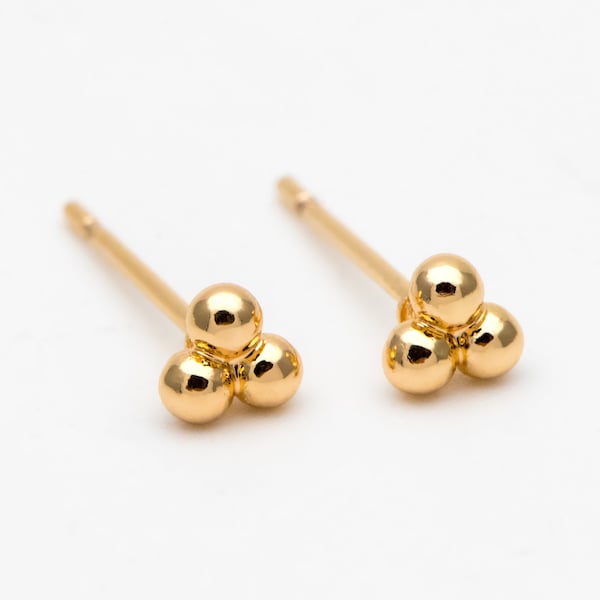 10pcs Extra Tiny Three Ball Stud Earrings, Gold/ Rhodium Plated Brass Stud Earrings, DIY Ear Findings (GB-3268)