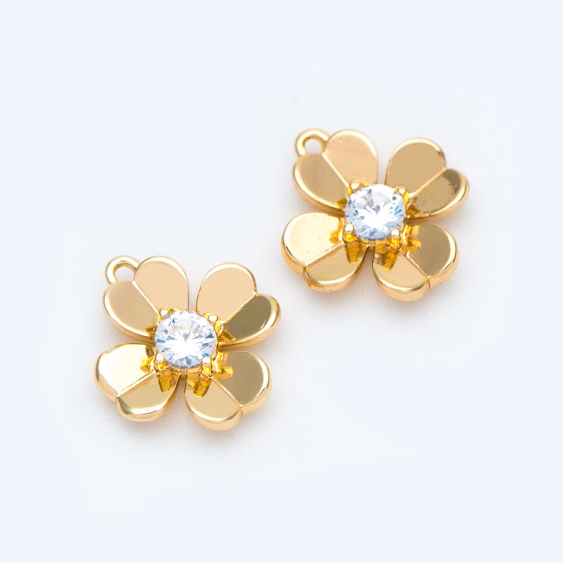 10pcs Micro Pave CZ Flower Charms GB-878 Mini Quatrefoil Charms 10mm Gold plated Brass Floral Pendants