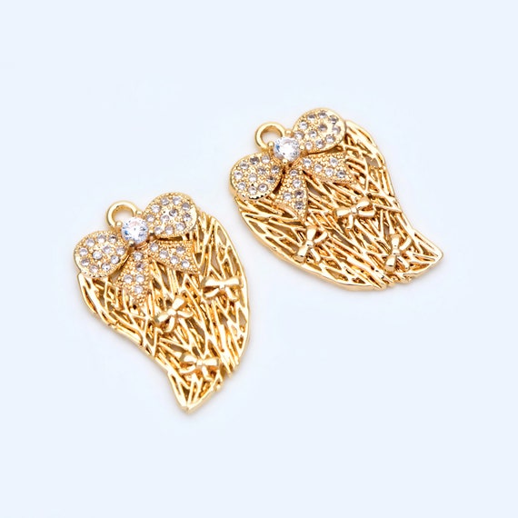 Buy 4pcs2pairs Gold Plated Brass Micro Pave Filigree Bowknot Drop