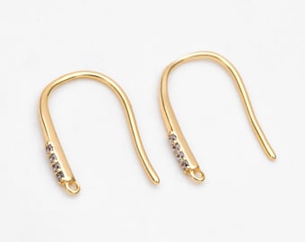 10pcs CZ Pave Gold Earring Hooks, 18K Gold plated Brass Earwires, Shiny Earring Components Wholesale (GB-317-D)