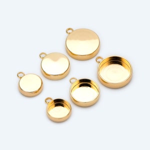 10pcs Gold/ Silver tone Bezel Setting, Round Blank Charm Pendants, inner 8/ 10/ 12mm, Gold/ Rhodium plated Brass Cabochon Base (GB-1748)