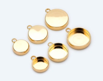 10pcs Gold/ Silver tone Bezel Setting, Round Blank Charm Pendants, inner 8/ 10/ 12mm, Gold/ Rhodium plated Brass Cabochon Base (GB-1748)