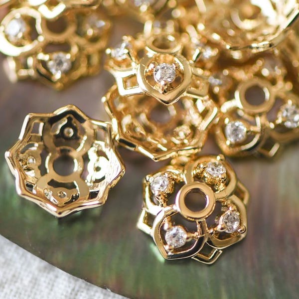 10pcs Gold/ Silver tone Floral Bead Caps 6/ 7/ 8/ 10mm,  18K Real Gold/ Rhodium plated Brass, CZ pave Flower Cap Ends  (GB-090)