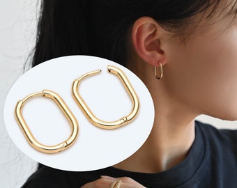 4pcs Oval Huggie Earrings, Oval Hoop Earrings 20x15mm, 18K Gold/ Rhodium plated Stainless Steel, Geometric Earring Supplies (GB-2387)