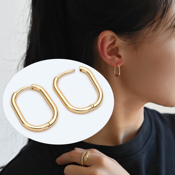 4pcs Oval Huggie Earrings, Oval Hoop Earrings 20x15mm, 18K Gold/ Rhodium plated Stainless Steel, Geometric Earring Supplies (GB-2387)