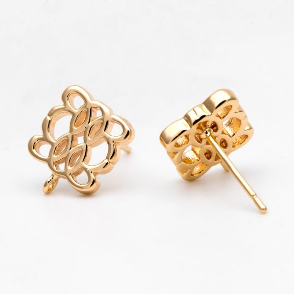 10pcs Gold plated Brass Hollow Ear Post with Loop 11x9mm, Real Gold Plated Brass Stud Earring with Loop (#GB-3232)