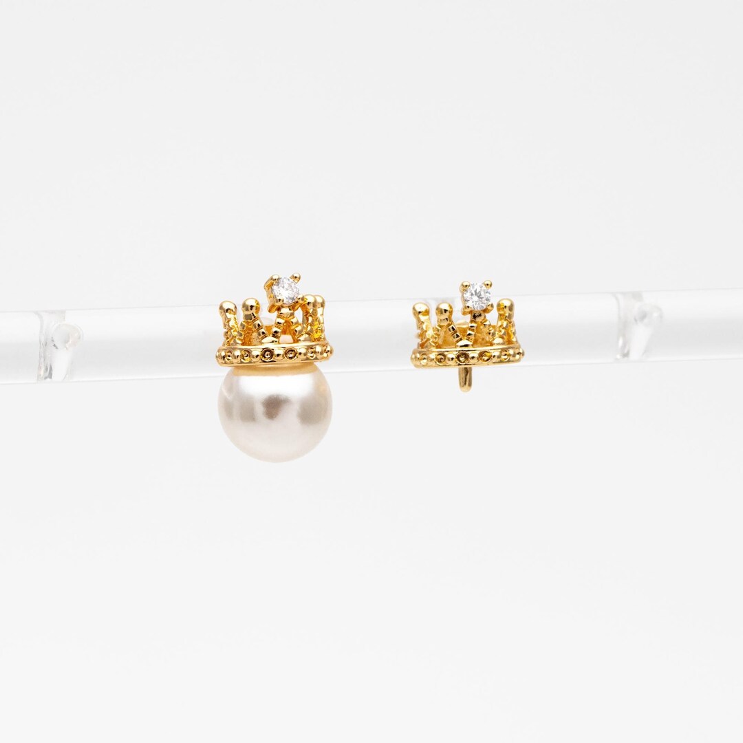 アクセサリー A&G Crown Pierce 10pcs CZ Pave Crown Ear Posts, Pearl Peg Earring, 18K Gold