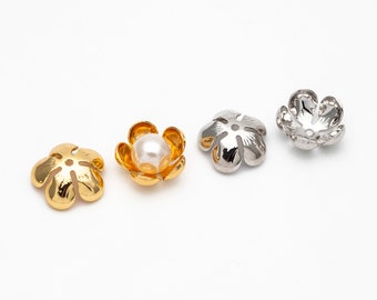10pcs Gold/ Silver Floral Bead Caps 13mm, Gold/ Rhodium plated Brass, Lead Nickel Free (GB-055)