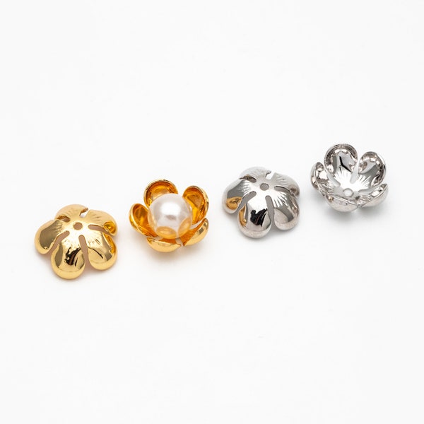 10pcs Gold/ Silver Floral Bead Caps 13mm, Gold/ Rhodium plated Brass, Lead Nickel Free (GB-055)