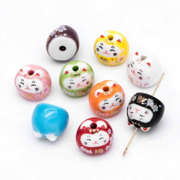 10 beads- Porcelain Lucky Cat beads 14mm, Handmade Ceramic Maneki Neko, Kawaii Animal Beads (TC-159)