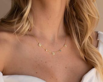 Halskette mit schwebendem Geburtsstein in 18-karätigem Gold – Zirkonia-Anfangsbuchstabe für Damen – Geburtstagsgeschenk, Geschenk für Sie, Geschenk für Oma