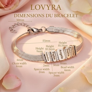 May include: A silver-toned herringbone chain bracelet featuring five vertical rectangular beads engraved with the names Valentine, Payton, Angela, Sophia, and Christian. The image includes technical labels with measurements in millimeters.