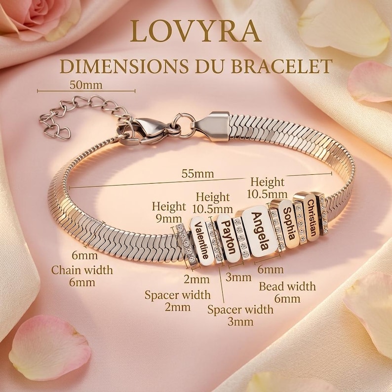 May include: A silver-toned herringbone chain bracelet featuring five vertical rectangular beads engraved with the names Valentine, Payton, Angela, Sophia, and Christian. The image includes technical labels with measurements in millimeters.