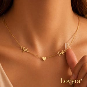 Mormors halsband med barnbarnsnamn – Halsband med flera namn och symbol i 18K guld – Present till mormor, familjesmycken, julklapp