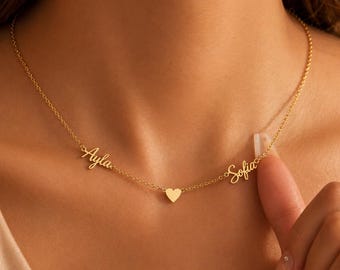 Halskette mit den Namen der Enkelkinder – Namenskette mit Symbol in 18 Karat Gold – Geschenk für Oma, Familienschmuck, Weihnachtsgeschenk