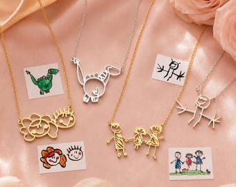 Personalisiertes Geschenk für Oma – Halskette mit Kinderzeichnung, graviert in 18-karätigem Gold – Schmuckstück mit Enkelzeichnung, Weihnachtsgeschenk für Oma, einzigartiges Erinnerungsstück