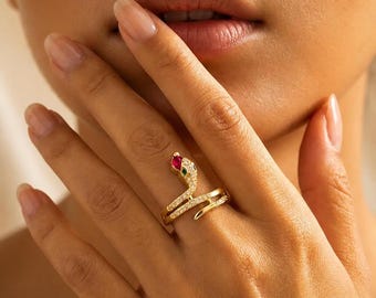 Goldener Schlangenring mit Zirkonia | Verstellbar | Zirkonia, Smaragd, Saphir, Rubin | 18 Karat vergoldet | Geschenk für Damen