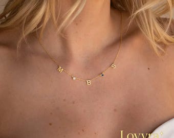 Halskette mit schwebendem Geburtsstein in 18-karätigem Gold – Zirkonia-Anfangsbuchstabe für Damen – Geburtstagsgeschenk, Geschenk für Sie