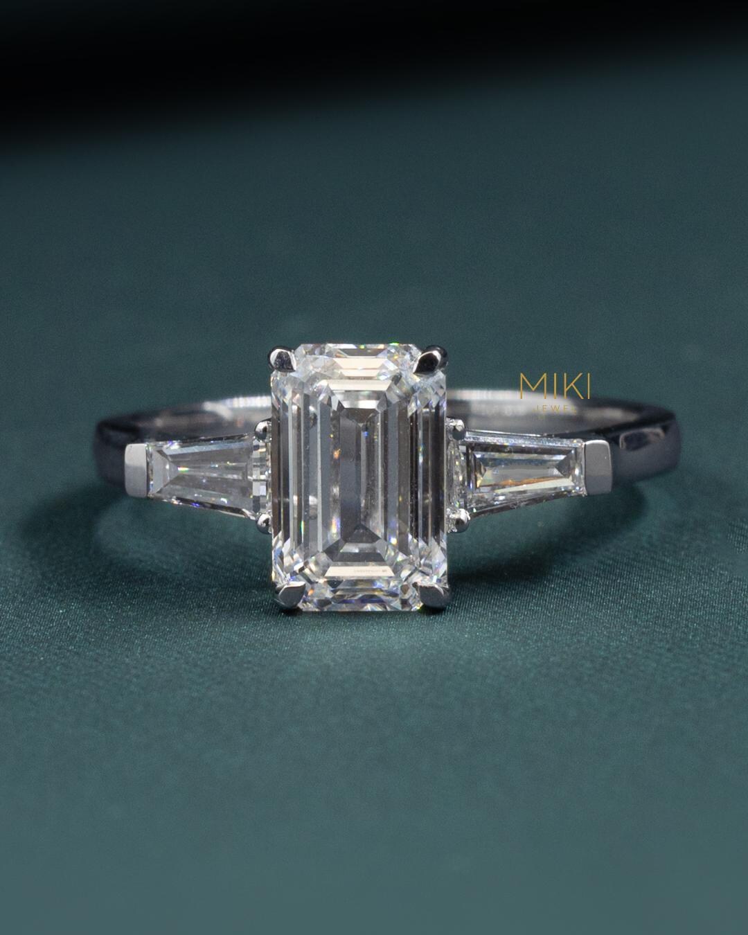2.36 CT Emerald Cut Lab Grown Diamond Ring, Three Stone Engagement Ring ...