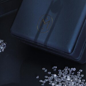 K&ouml;nnte beinhalten: Eine marineblaue Schmuckschatulle mit einem goldfarbenen "M"-Logo und verstreuten Diamanten auf einer schwarzen Oberfl&auml;che. Die Schatulle ist rechteckig und scheint aus Leder zu sein. Die Diamanten sind klein und funkelnd.