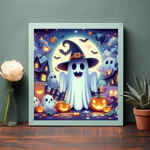May include: A framed illustration of a friendly ghost wearing a witch's hat and surrounded by pumpkins and other ghosts. The background is a dark blue night sky with a full moon and stars.